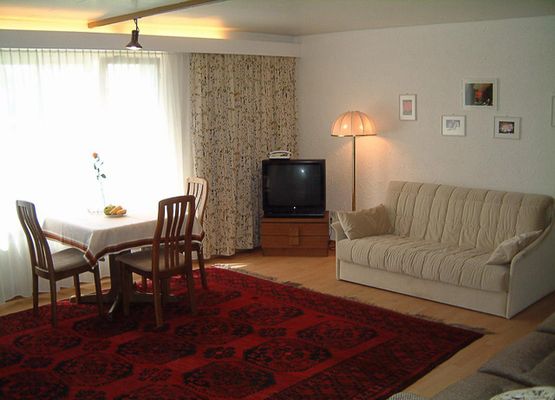 1-Zimmerwohnung mit Esstisch, Sofa und Schrankbetten.
